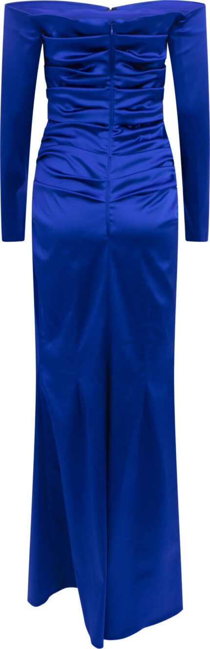 Bodenlanges Satin-Abendkleid mit Carmen-Ausschnitt und Drapierung – Bild 3