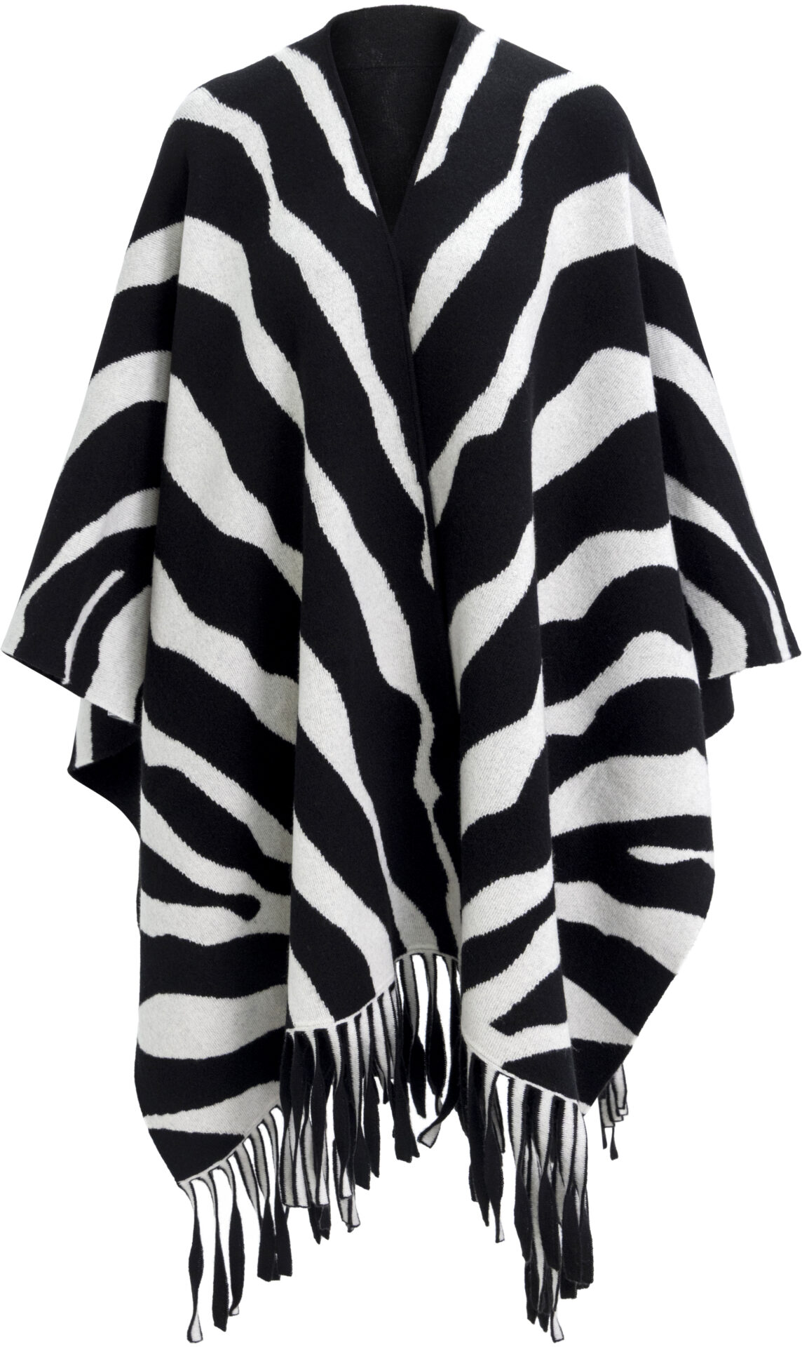 Cashmere Cape with Graphic Zebra Pattern and Fringes<br/> - Image 1