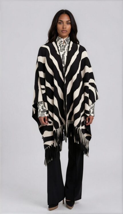 Cashmere Cape with Graphic Zebra Pattern and Fringes<br/> - Image 2