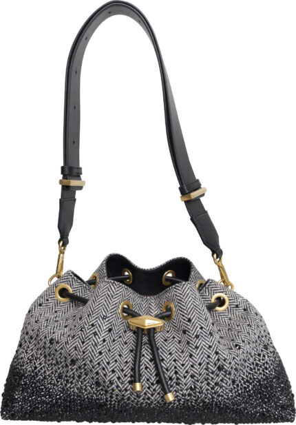 Bucket Bag aus Fischgratstoff mit Kristallbesatz