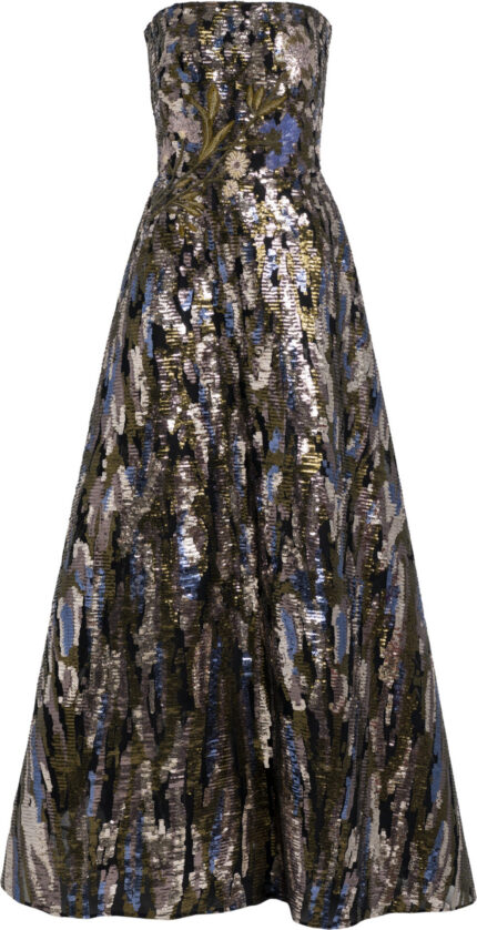 Trägerloses Abendkleid mit Paillettenstickerei und floraler Applikation