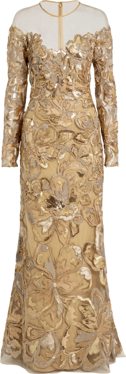 Bodenlanges Abendkleid mit floraler Stickerei und Pailletten