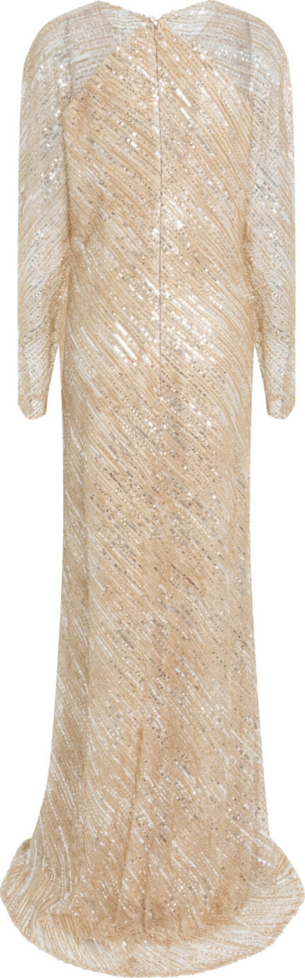 Floor-Length Sequin Evening Gown with Long Sleeves and Diagonal Shimmering Pattern - Image 3