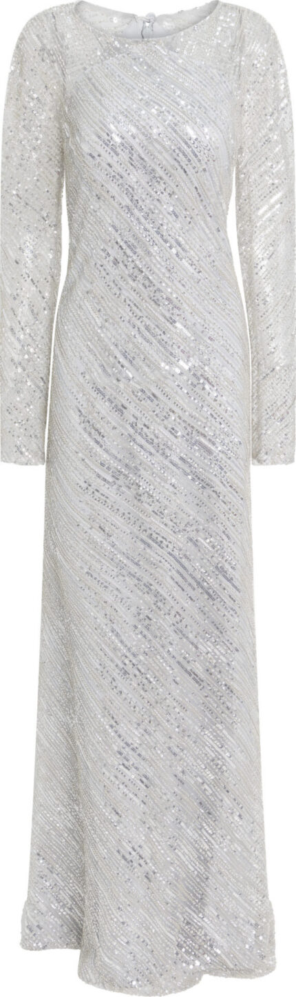 Floor-Length Sequin Evening Gown with Long Sleeves and Diagonal Shimmering Pattern - Image 4