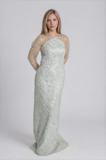 Floor-Length Sequin Evening Gown with Long Sleeves and Diagonal Shimmering Pattern - Image 2