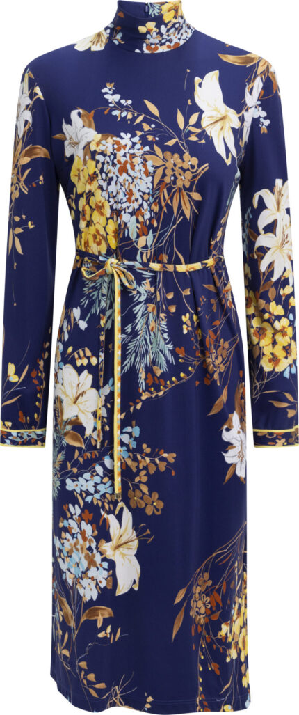 Midi Dress with Floral Print, High Neck and Tie Belt<br/>