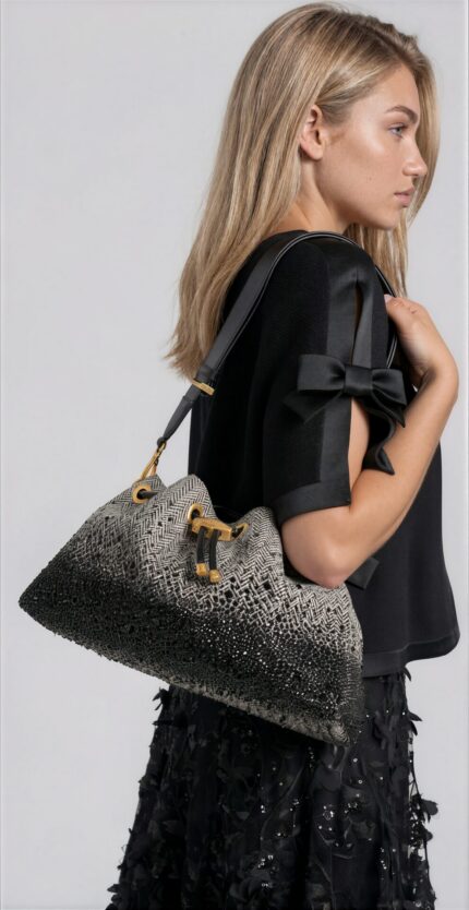 Bucket Bag aus Fischgratstoff mit Kristallbesatz – Bild 2
