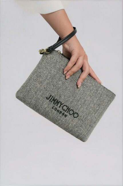 Flat Zip Pouch in Herringbone Fabric with Leather Wrist Strap<br/> - Image 2
