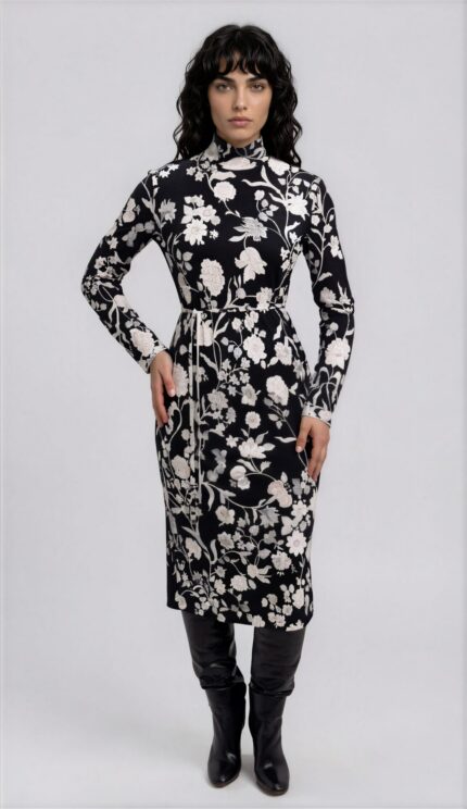 Midikleid mit floralem Print, Stehkragen und Bindegürtel – Bild 2