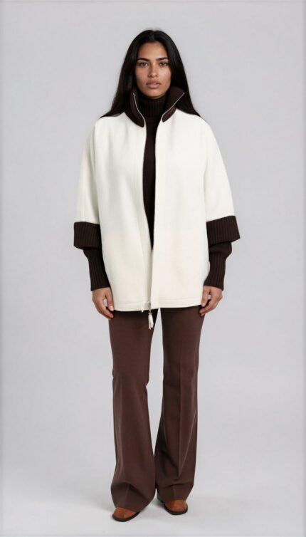 Cashmere Jacket with Contrast Details and Two-Way Zipper<br/> - Image 2