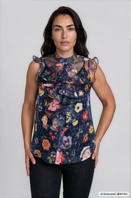 Transparente Seidenbluse mit Volant und Print – Bild 2