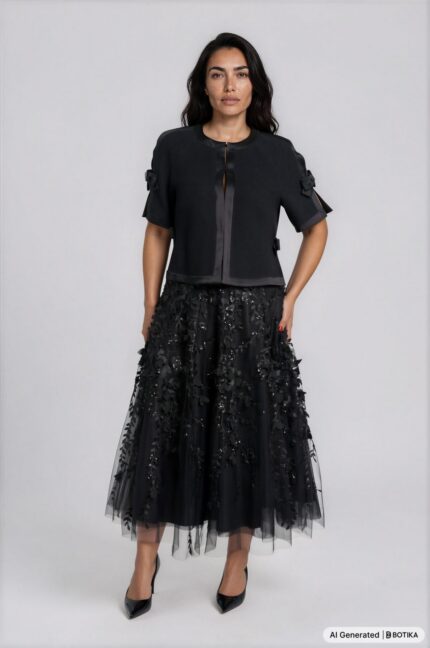 Embellished Tulle Midi Skirt with Floral Appliqués - Image 2