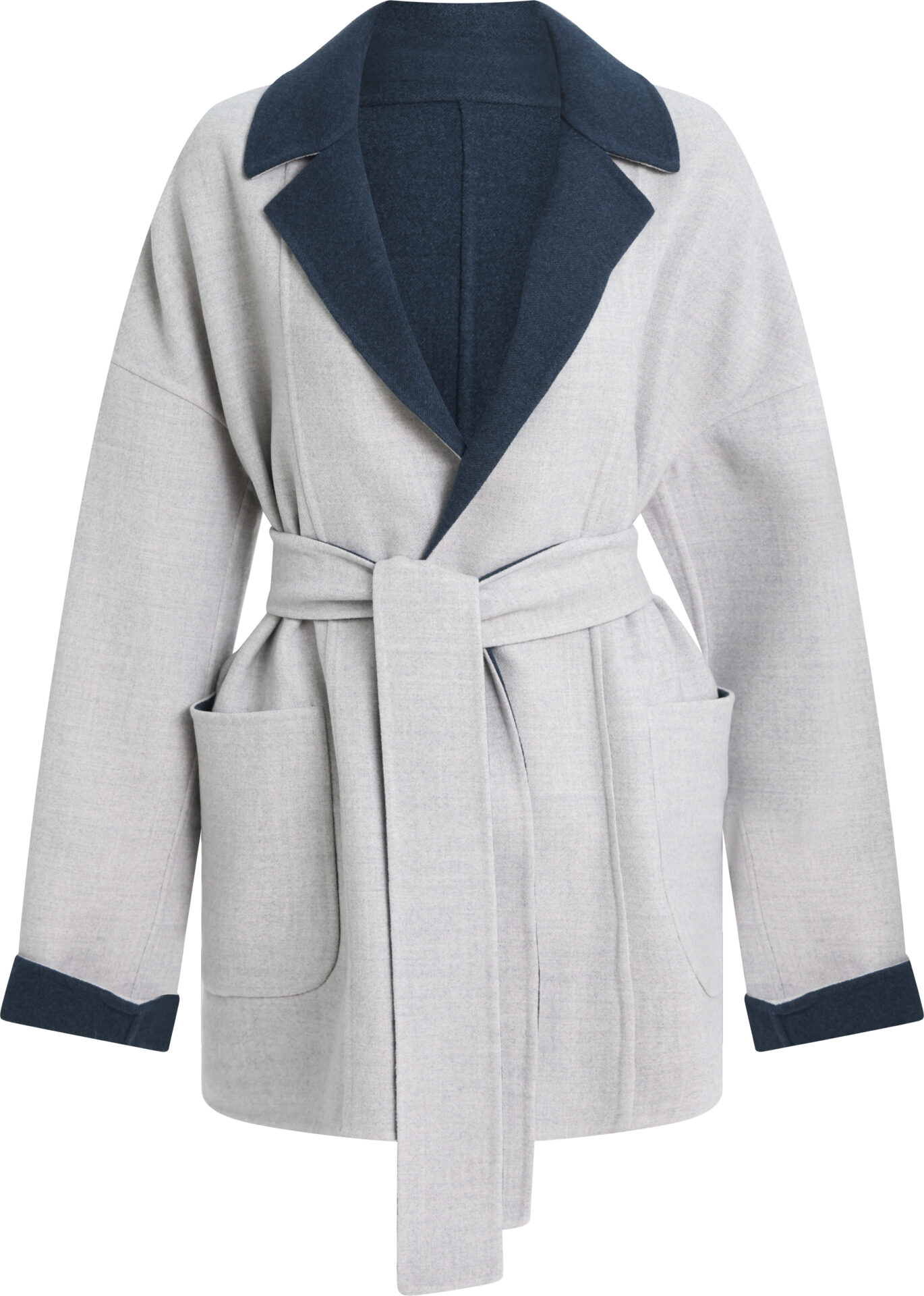 N85CAPH02_petrol_grau_1849_B Reversible Wolljacke mit Bindegürtel – Bild 1
