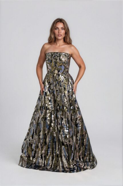 Trägerloses Abendkleid mit Paillettenstickerei und floraler Applikation – Bild 2