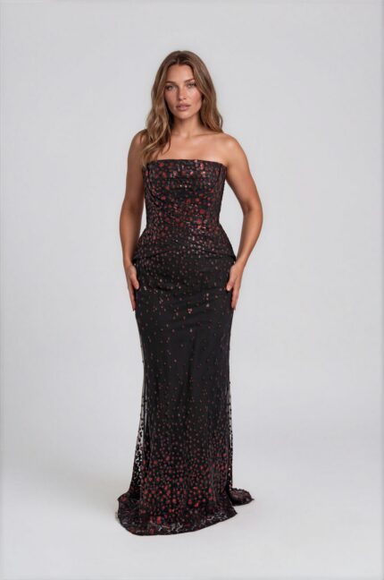 Bodenlanges Bustier-Abendkleid mit Pailletten und Peplum-Detail – Bild 2