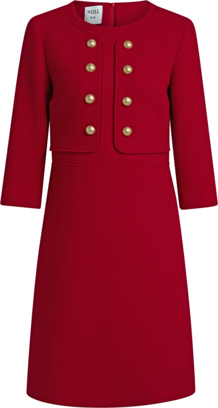 Rotes Schurwollkleid mit goldfarbenen Knöpfen