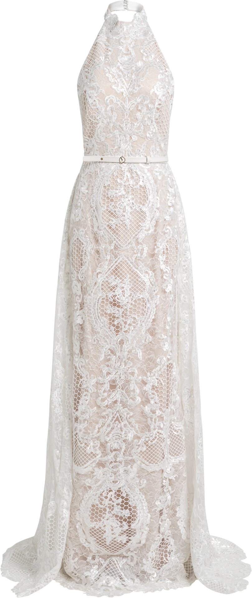 32_weiss_2899_b Hochgeschlossenes Abendkleid aus floraler Spitze mit Gürtel – Bild 1