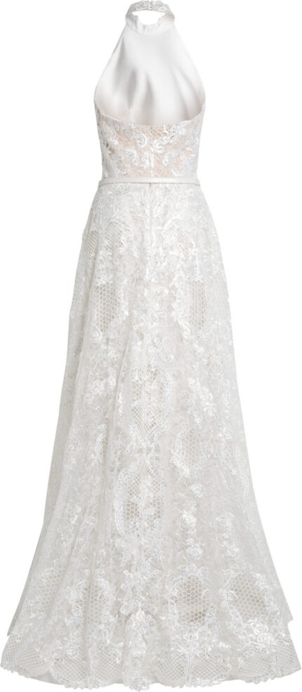 Hochgeschlossenes Abendkleid aus floraler Spitze mit Gürtel – Bild 3