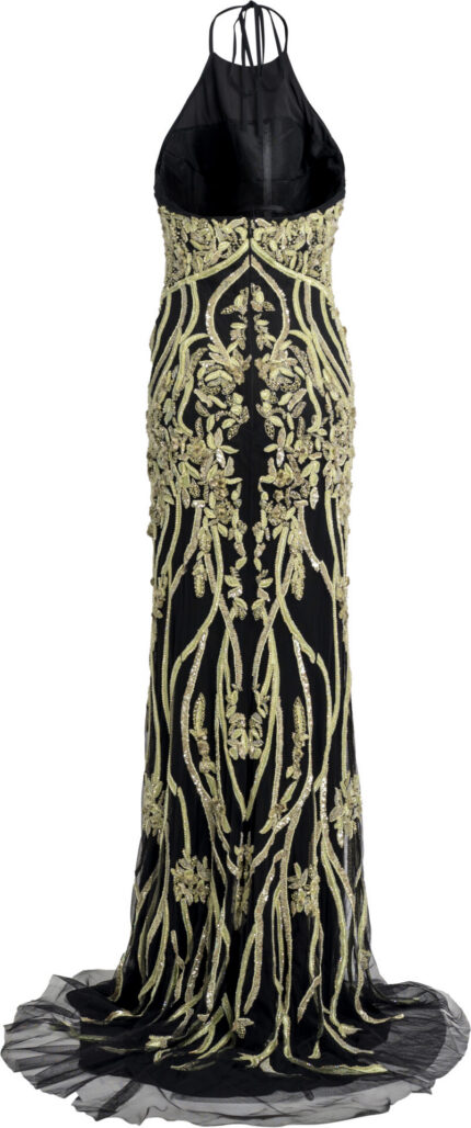 Schwarzes Abendkleid mit goldfarbener Ornamentstickerei – Bild 3