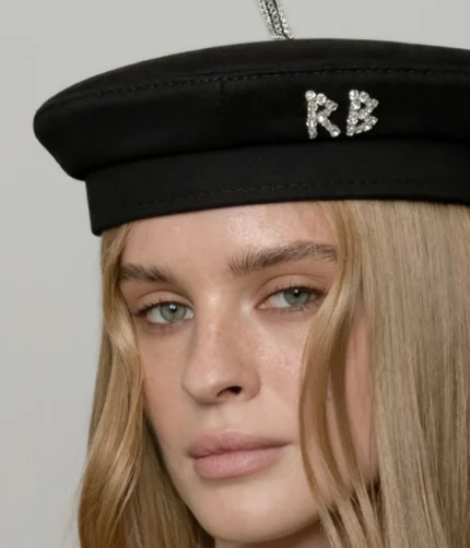 Black Cotton Beret with Crystal Monogram - Image 3