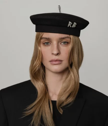 Black Cotton Beret with Crystal Monogram - Image 2