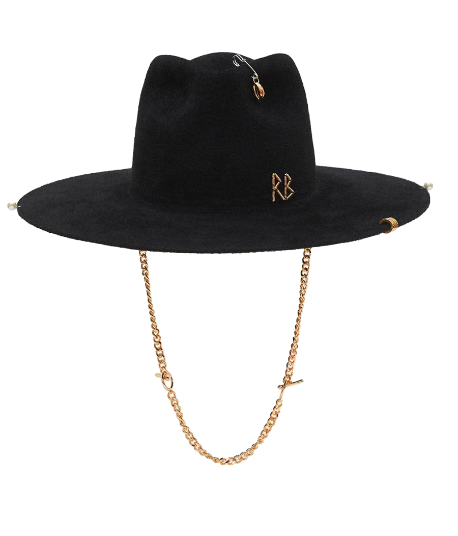 FDR033-F-PRS-CHA-GRB Schwarzer Fedora-Hut aus Filz mit Zierkette – Bild 1