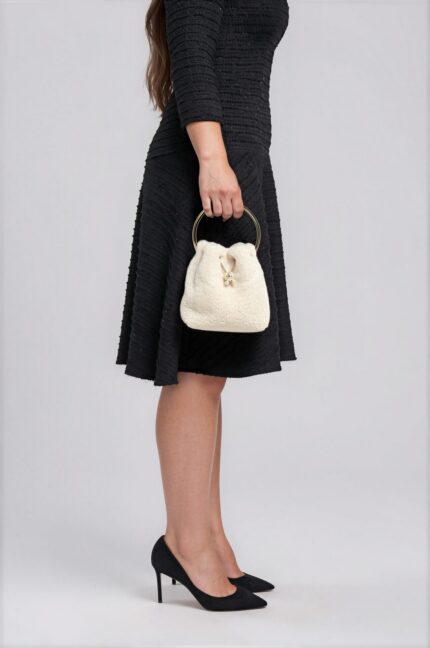Small Shearling Bucket Bag with Metal Handle<br/> - Image 2