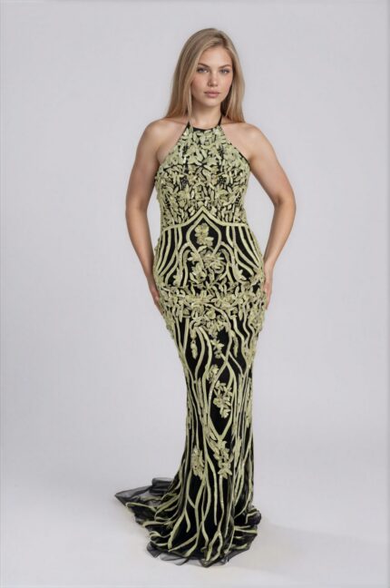 Schwarzes Abendkleid mit goldfarbener Ornamentstickerei – Bild 2