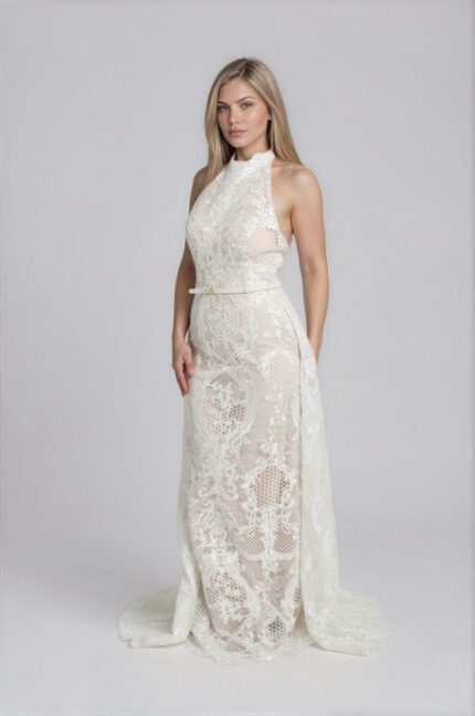Hochgeschlossenes Abendkleid aus floraler Spitze mit Gürtel – Bild 2