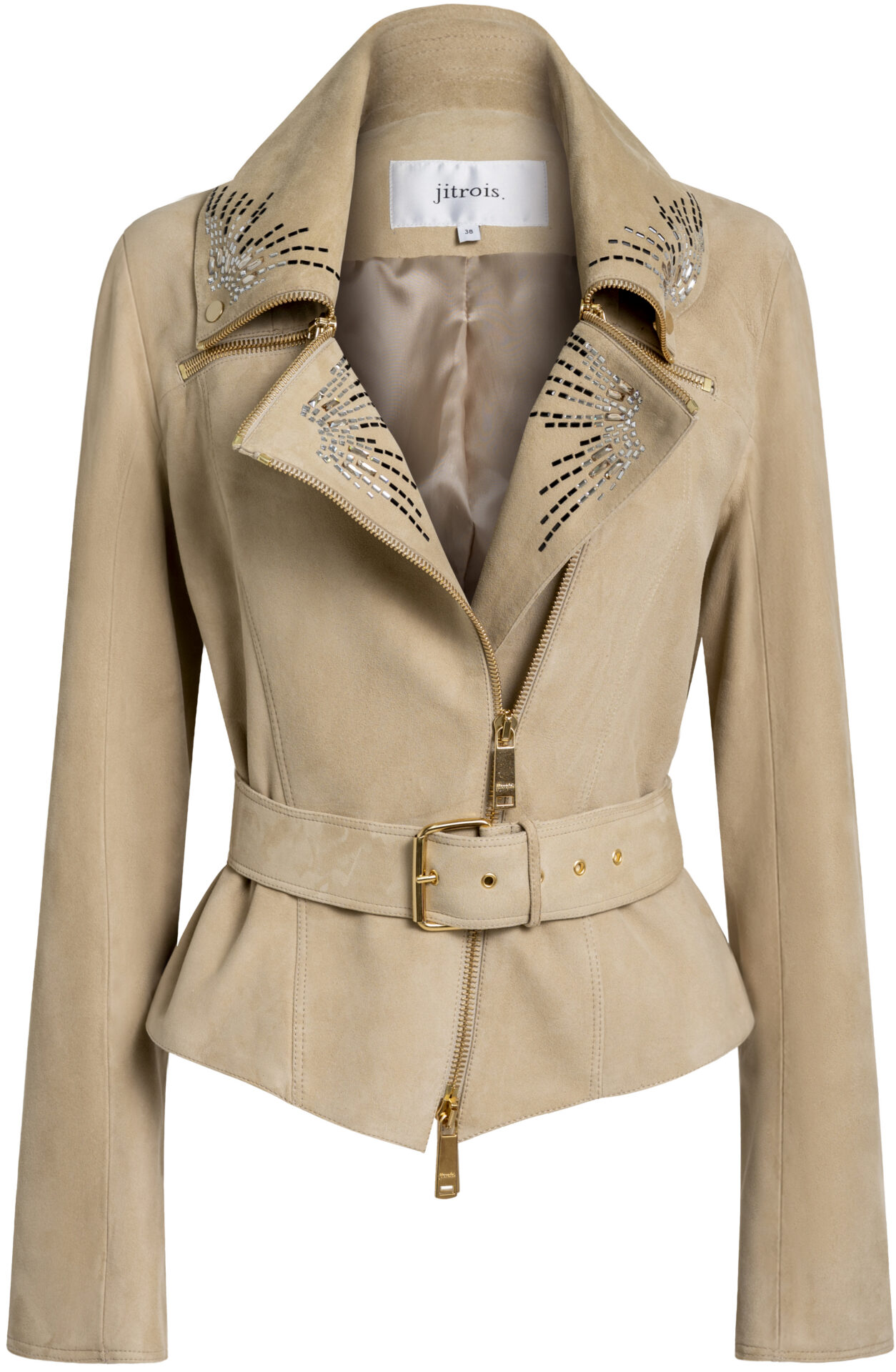 Mantra Strass_beige_5799_a Taillierte Lammlederjacke mit Strassdetails und Gürtel – Bild 1