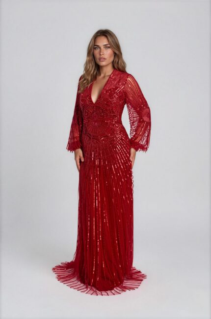 Besticktes Abendkleid mit V-Ausschnitt – Bild 2