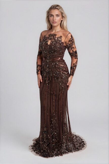 Besticktes Abendkleid mit transparenten Ärmeln – Bild 2