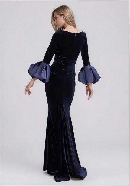 Velvet Evening Gown with Taffeta Volant Sleev - Image 3