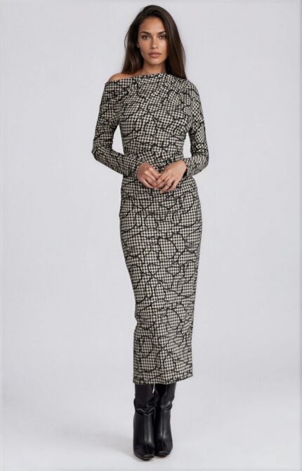 Maxi Dress with Houndstooth Pattern and Asymmetric Neckline<br/> - Image 2