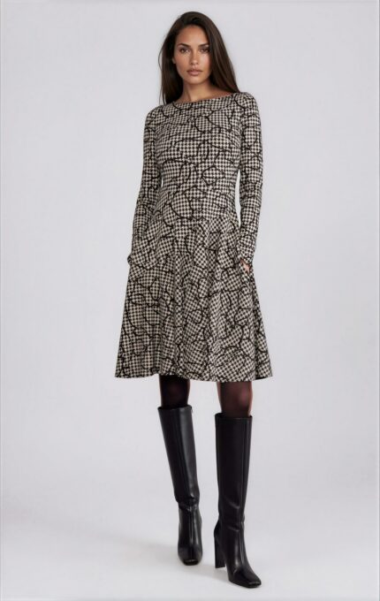 Patterned Midi Dress with Flounce Skirt<br/> - Image 2