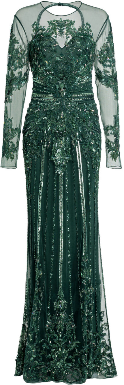 Besticktes Abendkleid mit transparenten Ärmeln