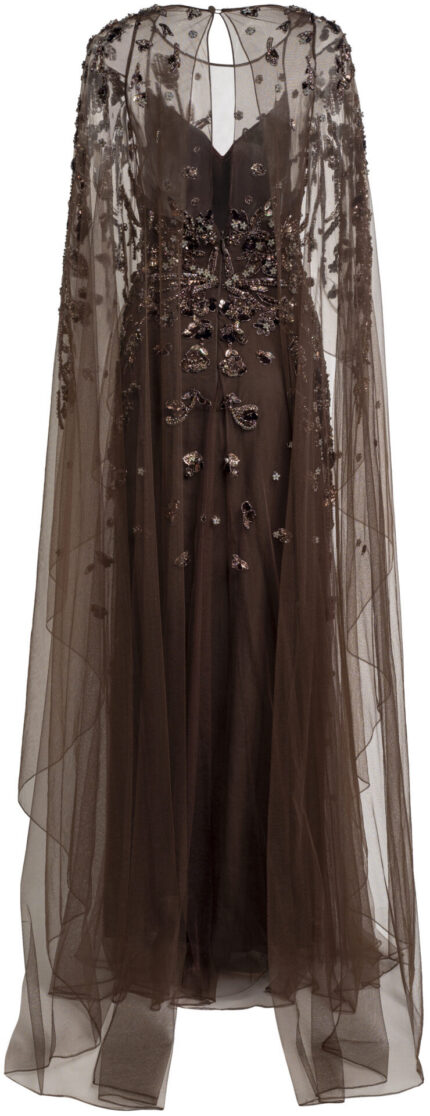 Bodenlanges Abendkleid mit bestickter Tüll-Cape-Überlage – Bild 4