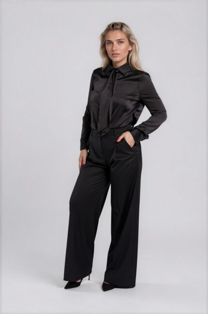 Elegant satin blouse with tie detail, shirt collar and concealed button placket - Image 2