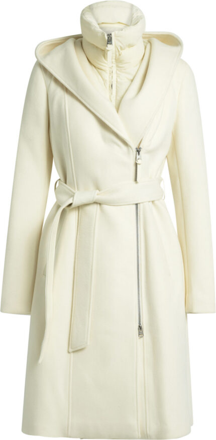 Elegant Wool Coat with Hood, Belt and Down-Padded Insert<br/>