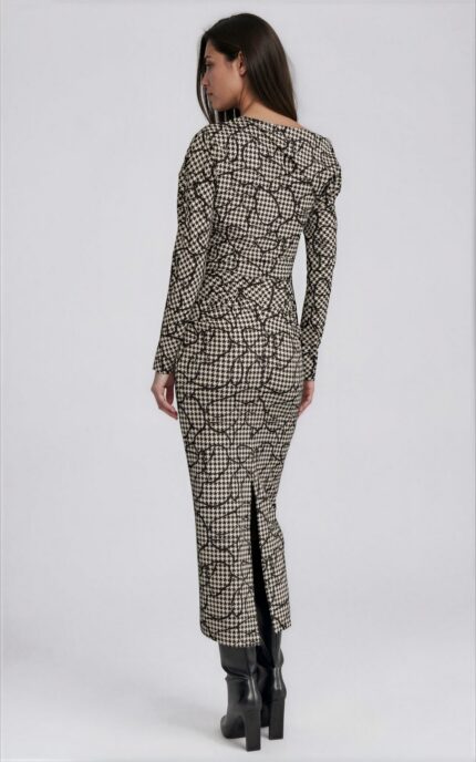 Maxi Dress with Houndstooth Pattern and Asymmetric Neckline<br/> - Image 3