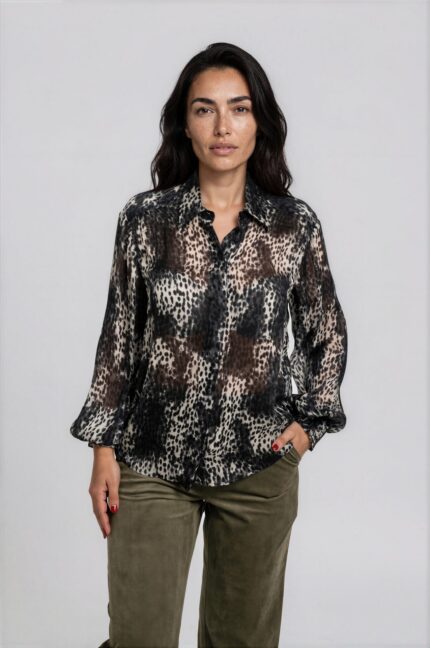 Silk Blouse with Animal Print and Voluminous Sleeves<br/> - Image 2