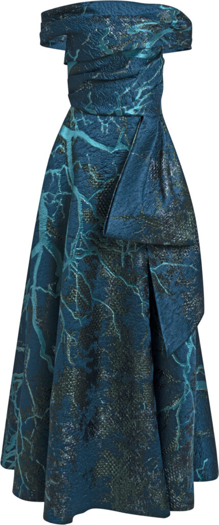 Off-Shoulder Evening Gown with Metallic Jacquard