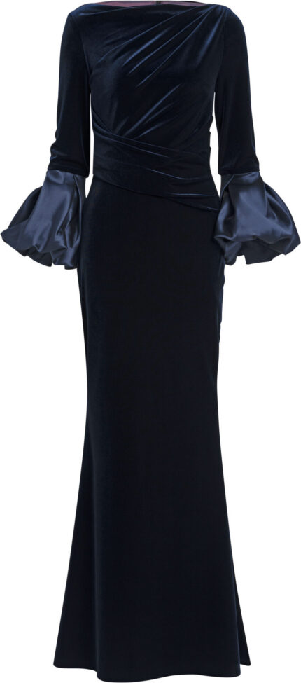 Abendkleid aus Samt mit Taft-Volantärmeln