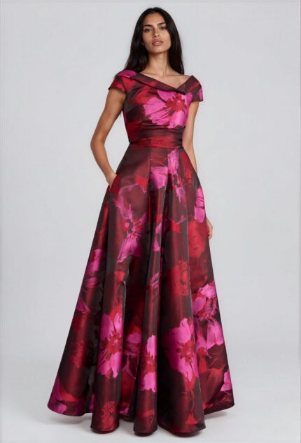 Bodenlanges Abendkleid mit floralem Glanzdessin – Bild 2