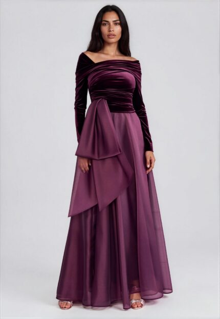 Floor-Length Evening Gown with Velvet Bodice and Organza Skirt<br/> - Image 2
