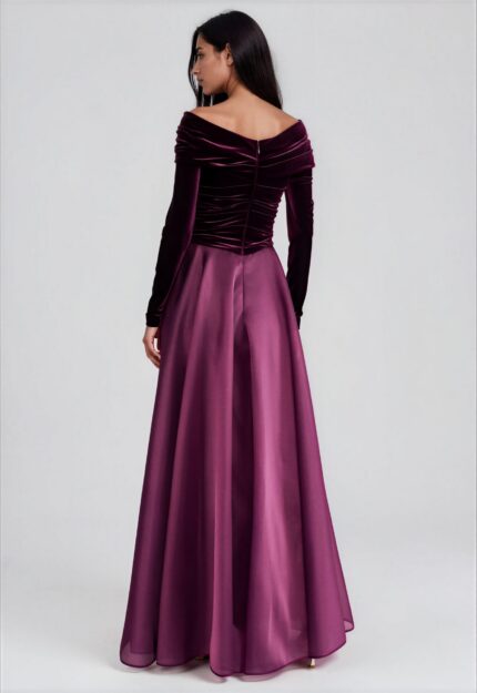 Floor-Length Evening Gown with Velvet Bodice and Organza Skirt<br/> - Image 3