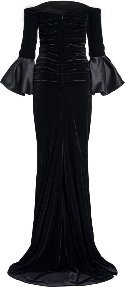Off-Shoulder Velvet Evening Gown with Voluminous Taffeta Sleeves<br/> - Image 4