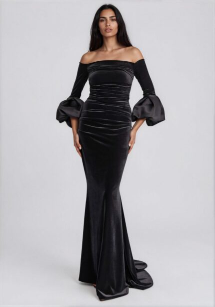 Off-Shoulder Velvet Evening Gown with Voluminous Taffeta Sleeves<br/> - Image 3