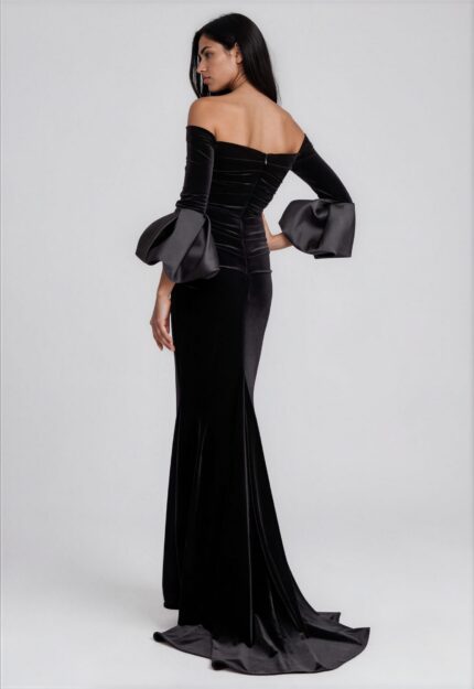 Off-Shoulder Velvet Evening Gown with Voluminous Taffeta Sleeves<br/> - Image 2
