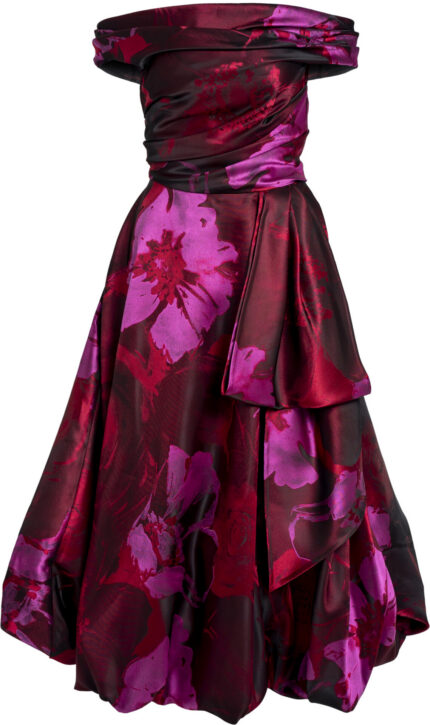 Off-Shoulder Midi Cocktail Dress with Floral Print<br/>